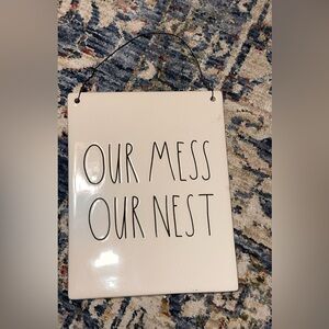 Rae Dunn Ceramic White Wall Hanging Sign OUR MESS OUR NEST
